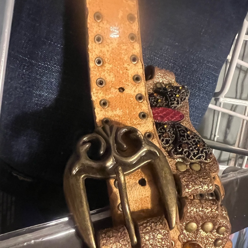 Antique Brown Leather Belt with Ornate Buckle
